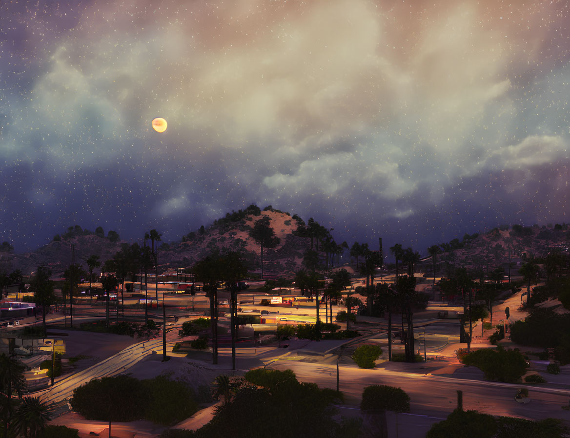 Starry night sky over town with palm trees and glowing moon.