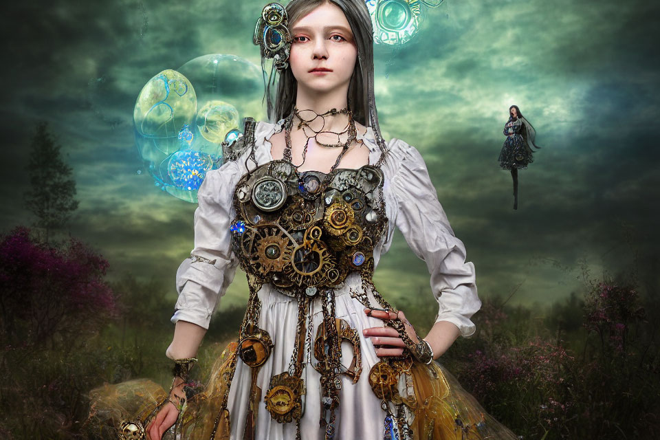 Steampunk woman with cogwheel accessories in mystical field with bubbles and floating person.