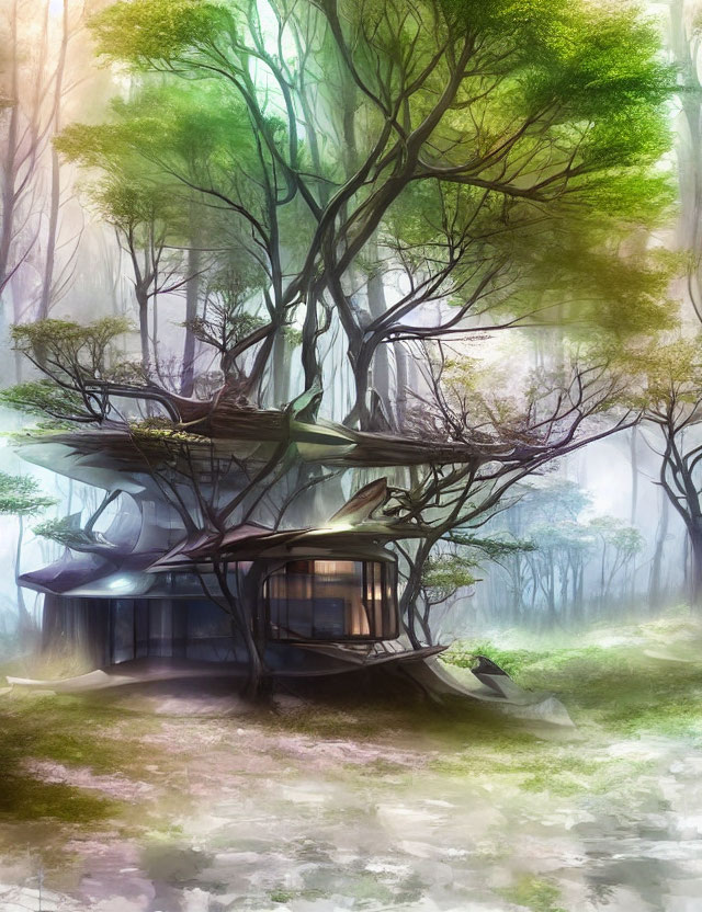 Tranquil treehouse nestled in misty forest ambiance