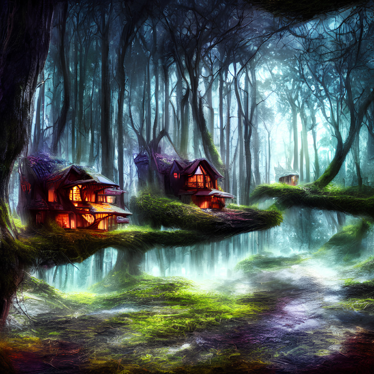 Enchanting forest with mystical cottages, serene stream, vibrant foliage, and ethereal fog