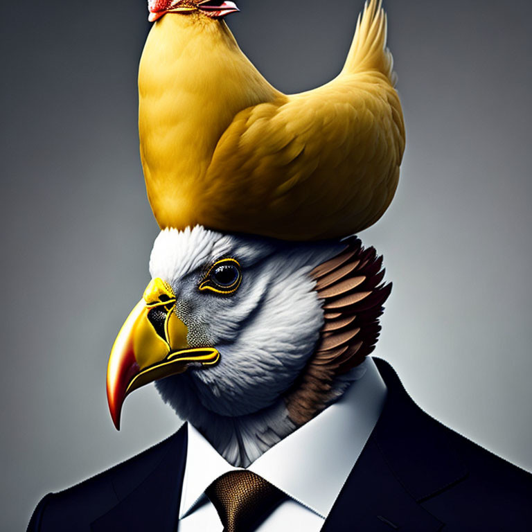 Surreal illustration of eagle with chicken head in business attire