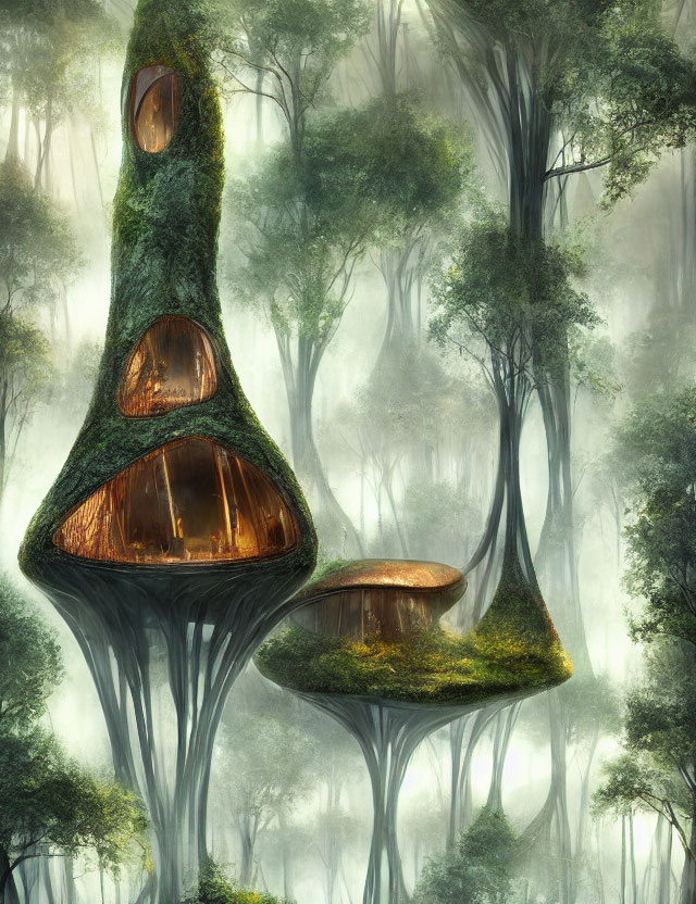 Enchanting forest with towering trees and mushroom-shaped treehouses