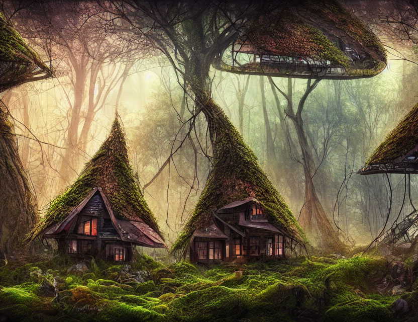 Mystical forest cottages entwined by tree roots in misty glow