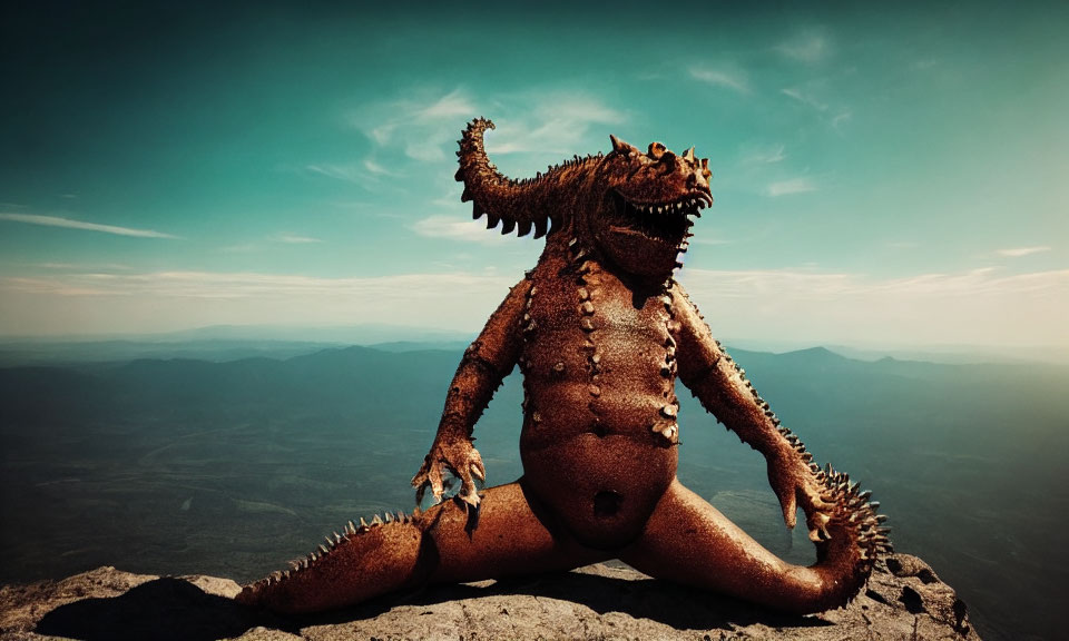 Spiky humanoid lizard creature on mountain surveys vast landscape