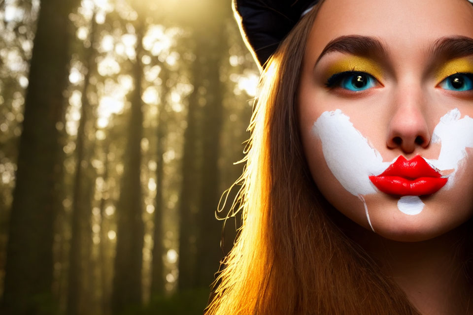 Woman with yellow eyeshadow and red lips in artistic makeup against forest backdrop