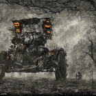 Vintage car with jack-o'-lanterns and bats, ghosts in misty scene