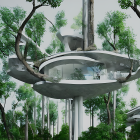 Organic futuristic treehouse in misty forest landscape