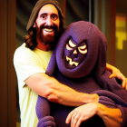Man with long hair and beard hugging purple monster with orange eyes.