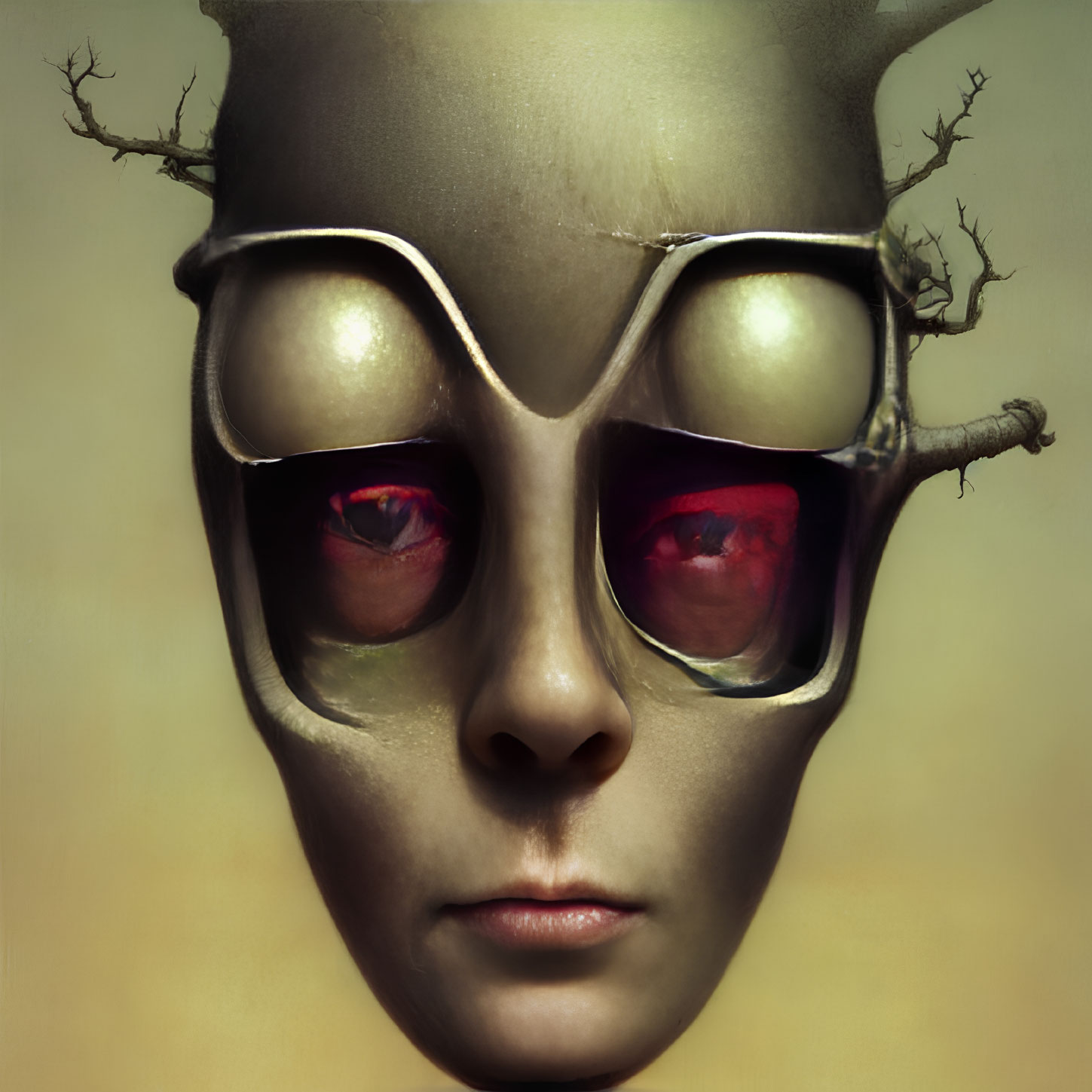 Surreal portrait of face with metallic mask, branch protrusions, and red eyes