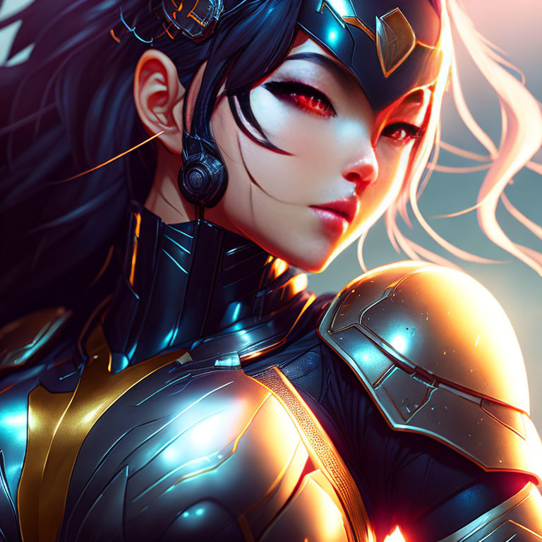Illustration of female warrior in blue and gold armor with white hair