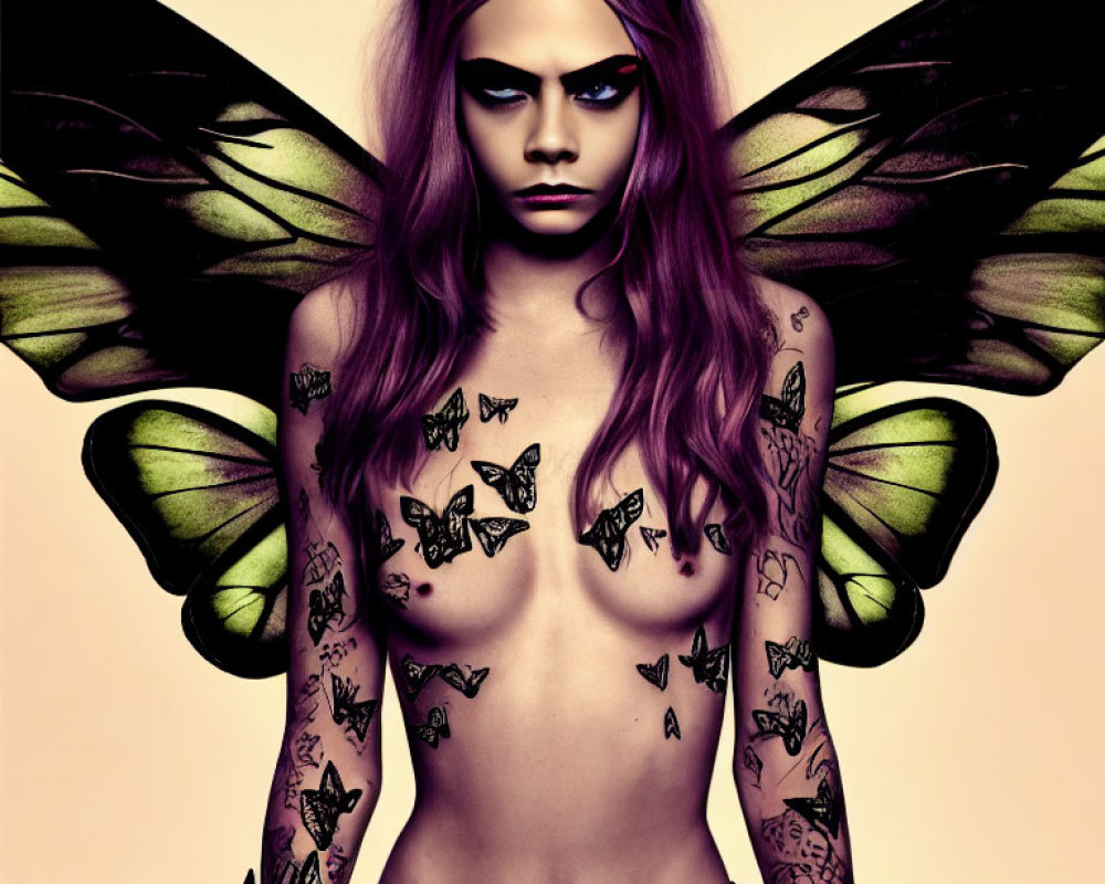 Purple-haired person with butterfly wings in surreal portrait surrounded by butterflies on pink background