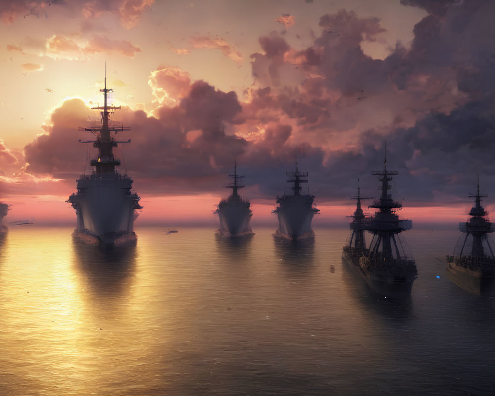 Naval Ships Sailing at Sunset on Calm Sea