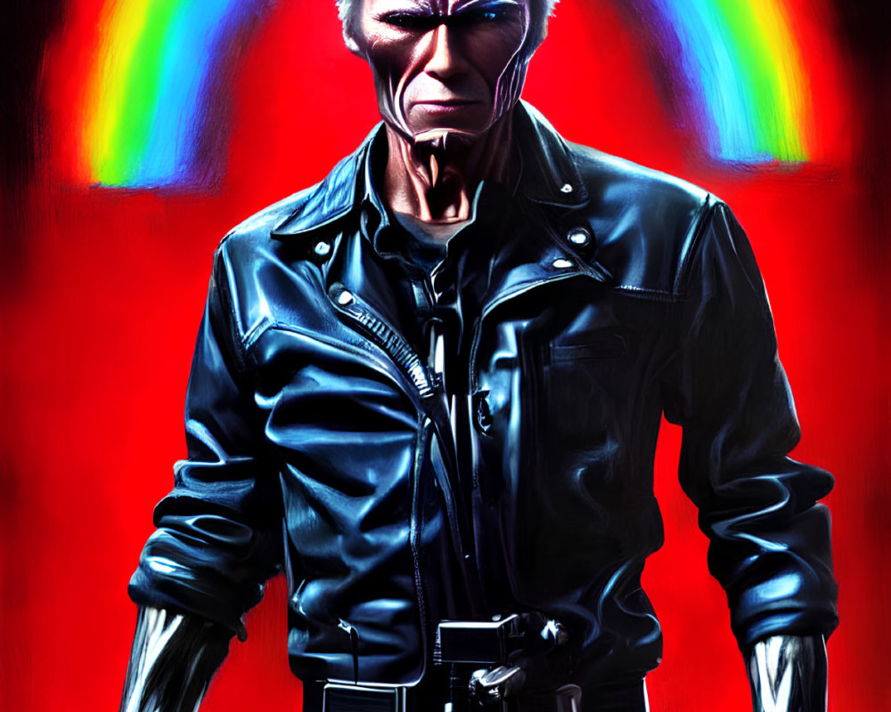 Stylized cyborg in leather jacket on red background