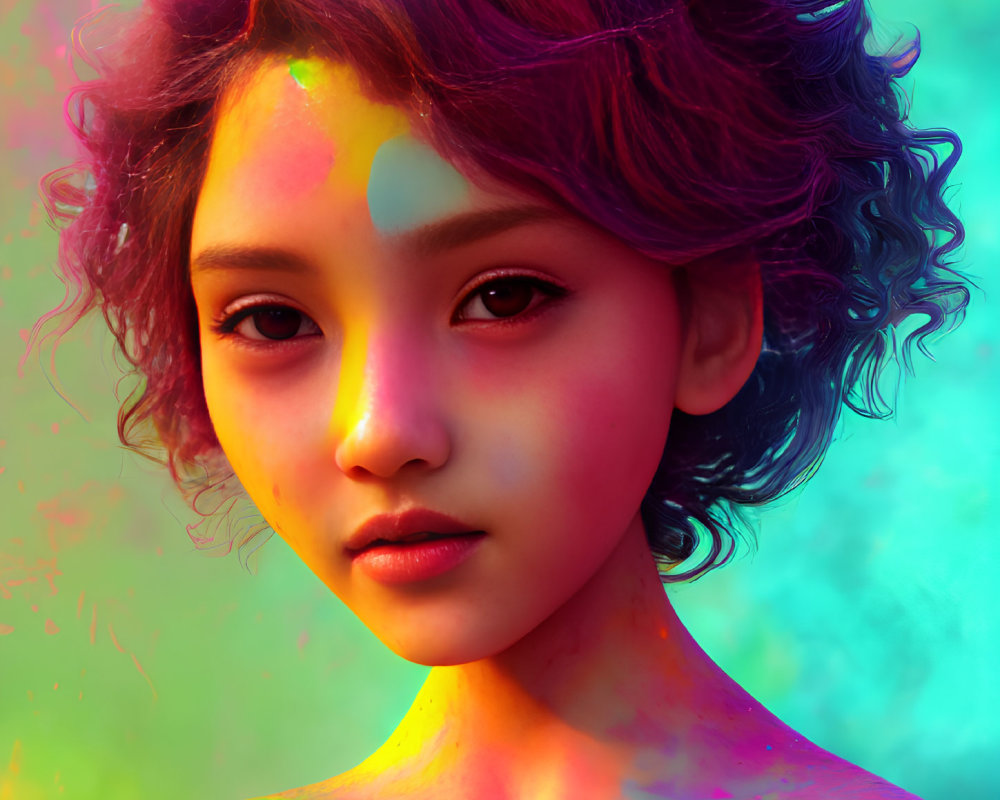 Colorful Powder Portrait Featuring Green, Pink, and Yellow Hues