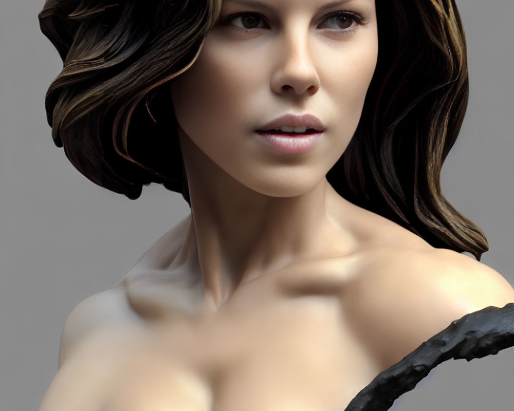 Voluminous brown hair woman in 3D against gray backdrop