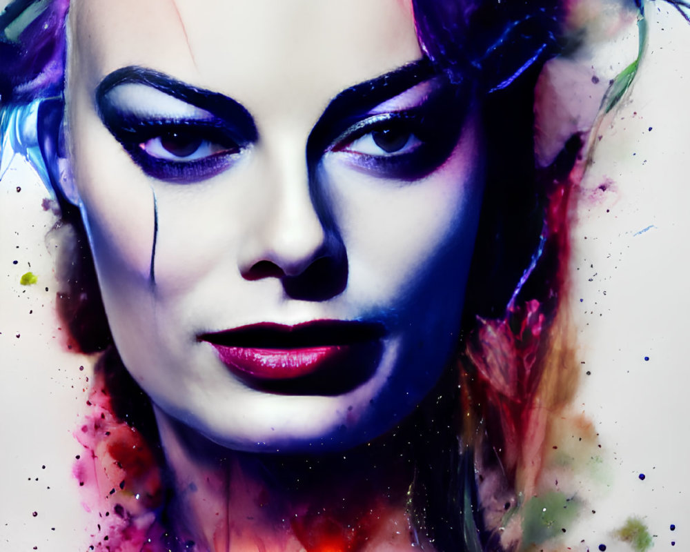 Colorful Ink Splashes Blend with Woman's Dramatic Makeup