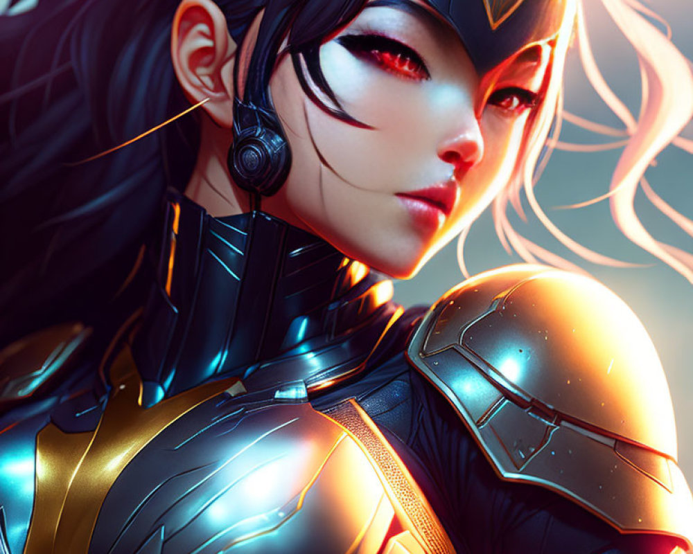 Illustration of female warrior in blue and gold armor with white hair