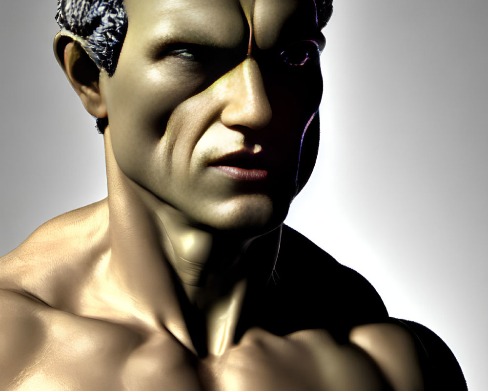 Muscular Figure with Crown: 3D Rendering of Stern Expression & Strong Jawline