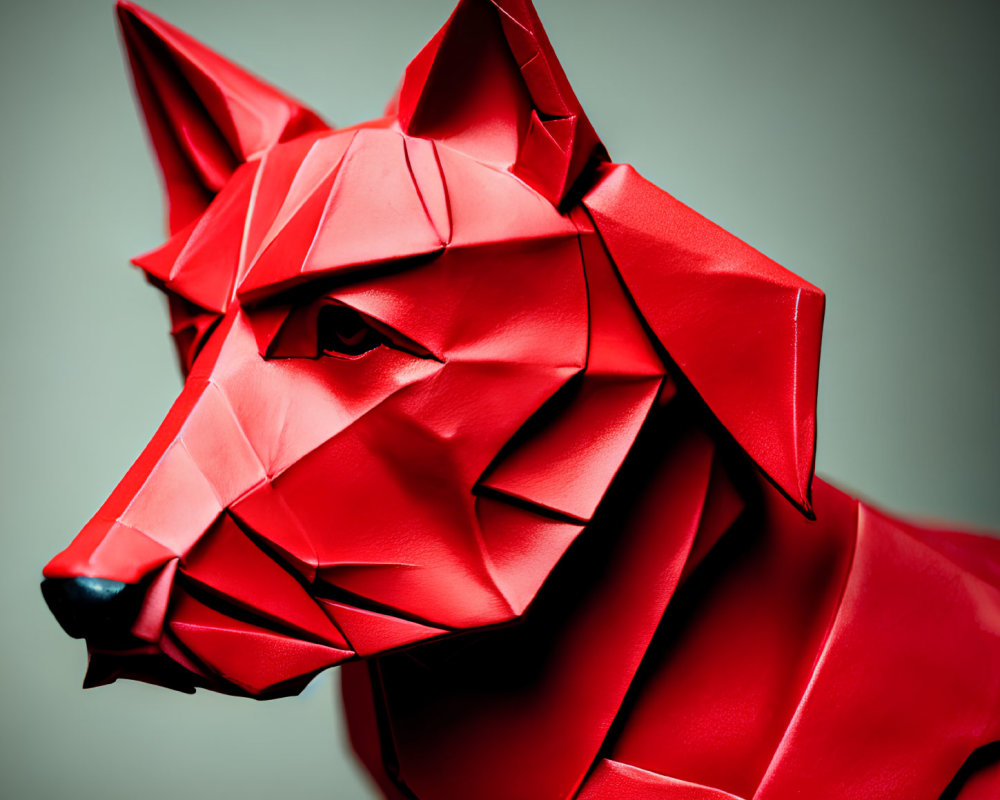 Geometric Red Origami Dog Head Sculpture on Muted Background
