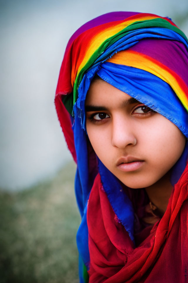 Vibrant rainbow headscarf with striking gaze in red prominence