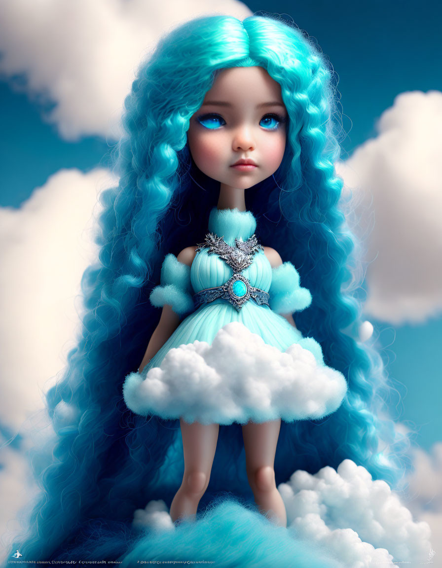 Digital illustration of doll with long blue hair, big eyes, in cloud-adorned dress.