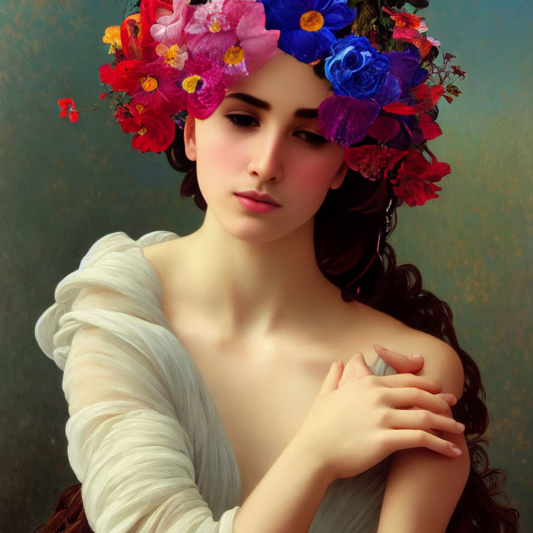 Portrait of Woman with Flower Crown in Red, Purple, and Blue Blooms