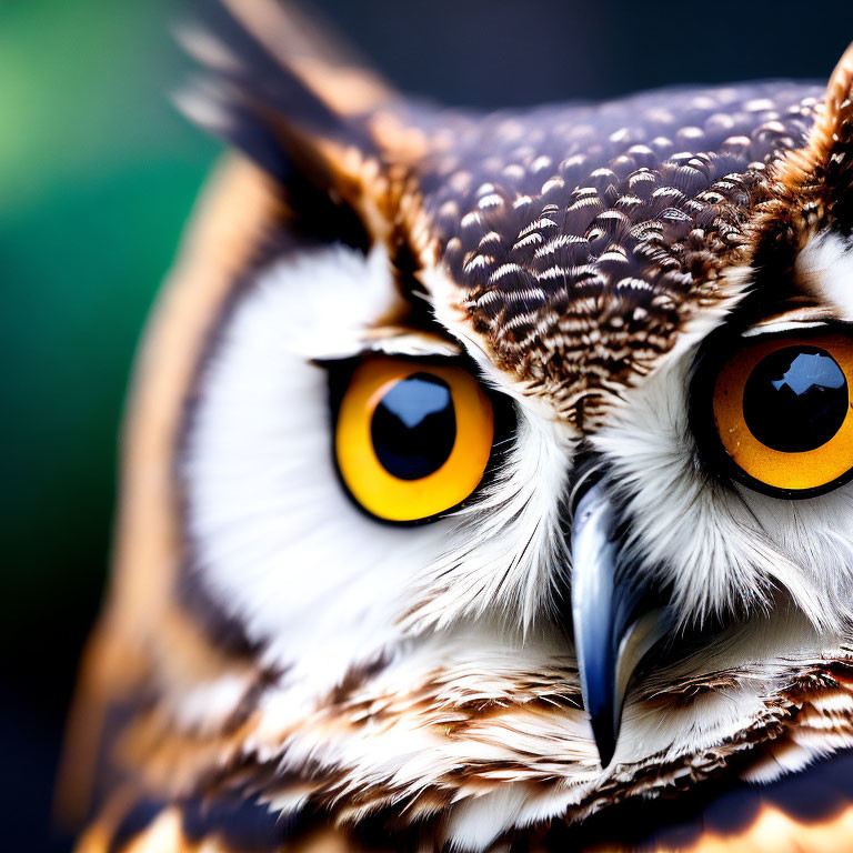 Detailed Close-Up of Owl's Face with Striking Yellow Eyes and Brown, Black, White Feathers