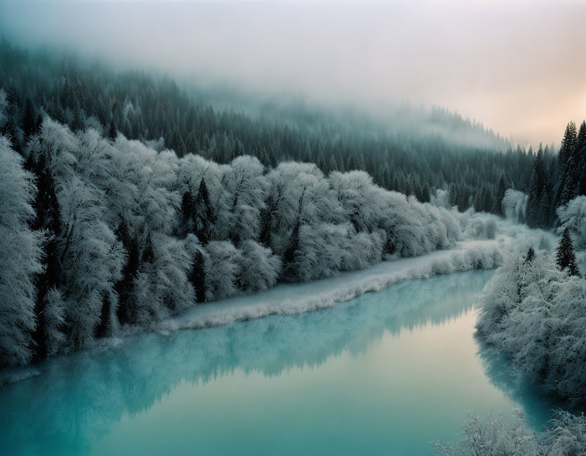 White and black landscape with clear river
