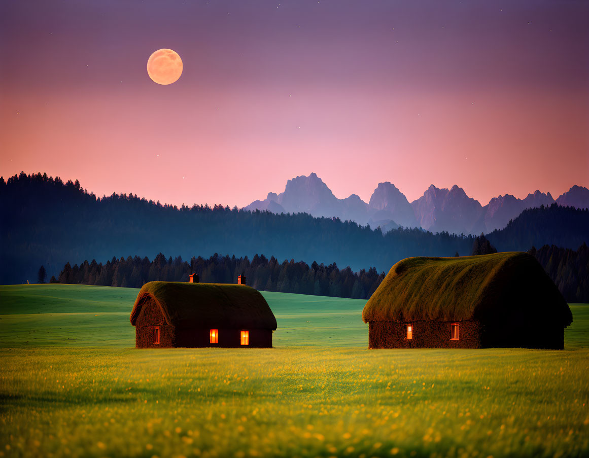 Thatched-Roof Cottages in Moonlit Field at Dusk