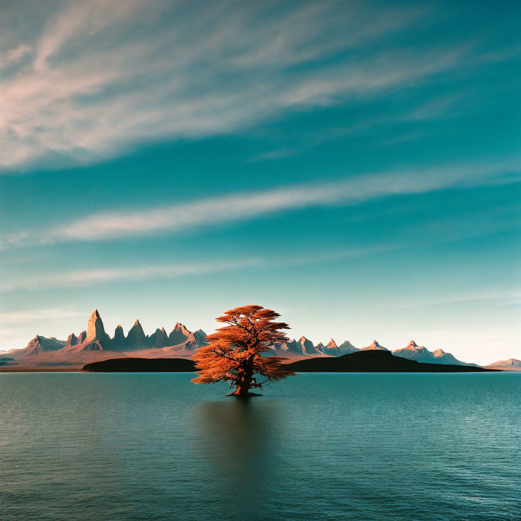 lone old tree sits on a small island in the middle