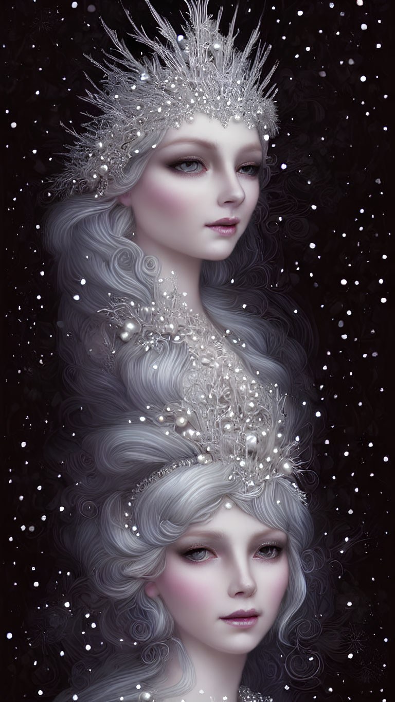 Identical Female Figures with Silver Headpieces on Starry Background