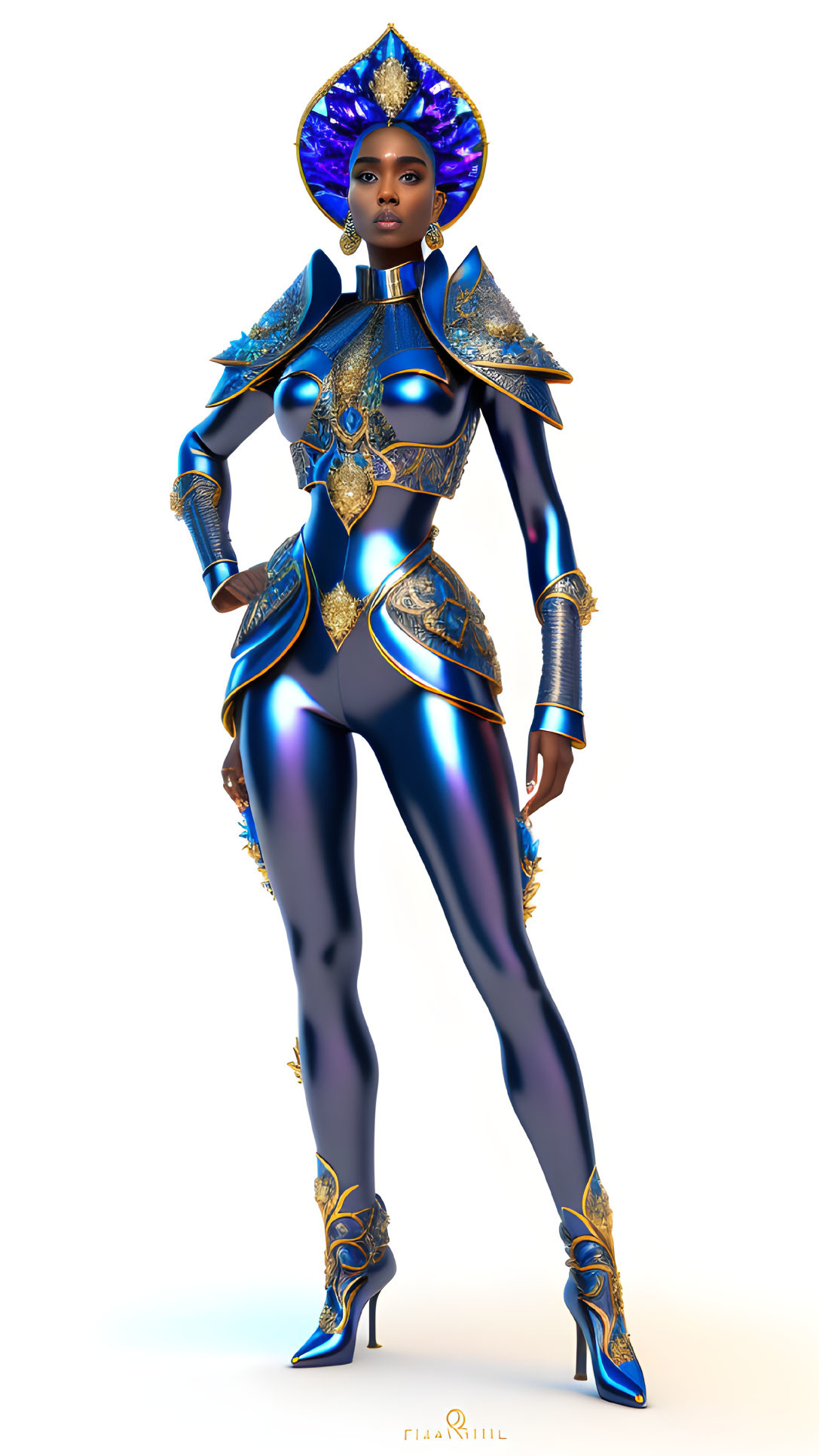 Futuristic female figure in blue and gold armor with shoulder pads and headpiece.