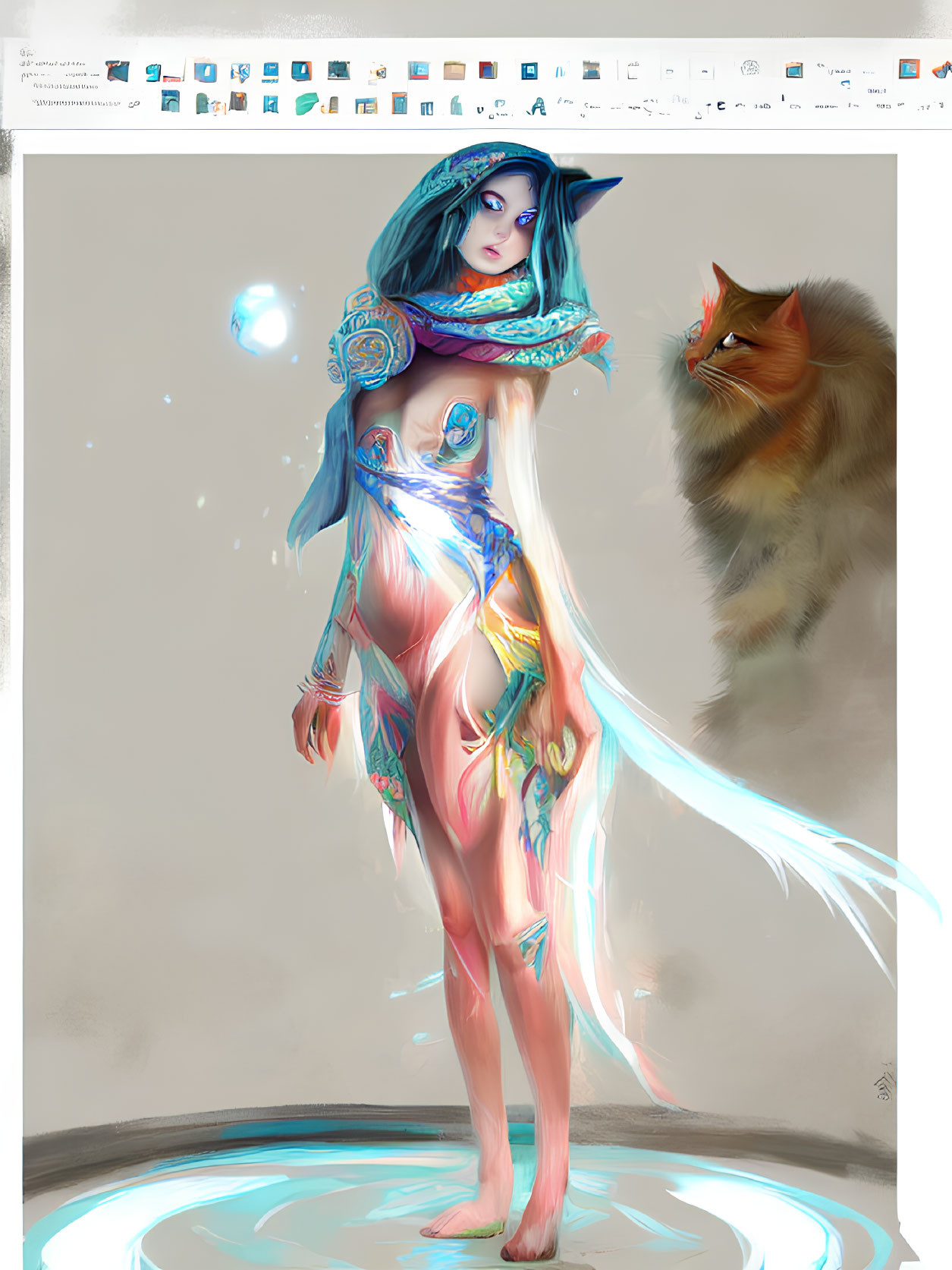 Mystical female figure in blue and gold attire with glowing tattoos next to orange-furred cat