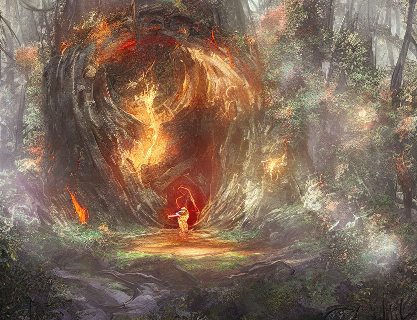 Mystical forest scene with figure and glowing tree in ethereal light