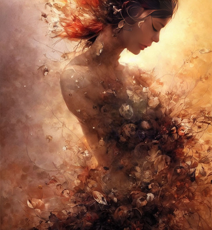 Digital painting of woman blending with abstract floral elements in warm tones