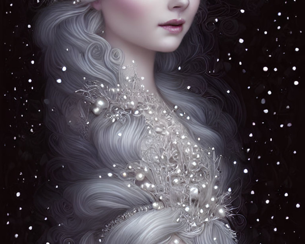 Identical Female Figures with Silver Headpieces on Starry Background