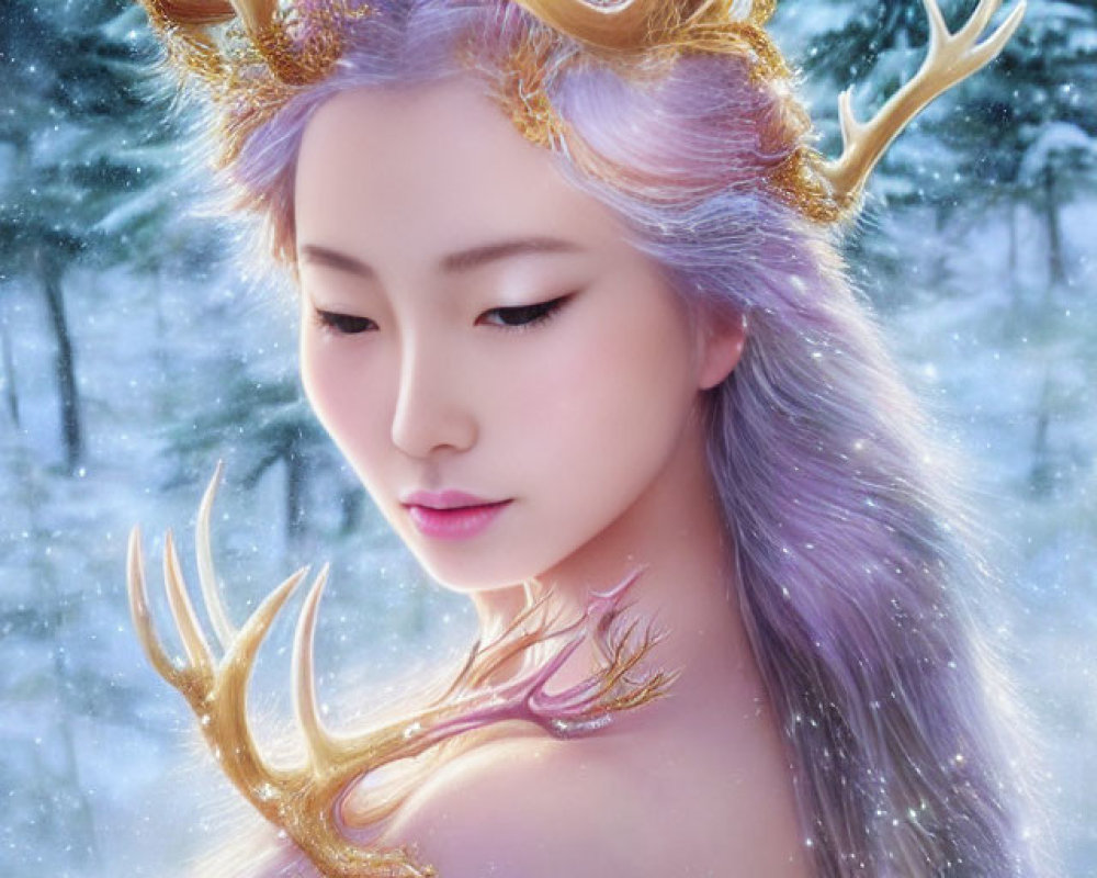 Fantasy illustration: Woman with antlers in snowy landscape