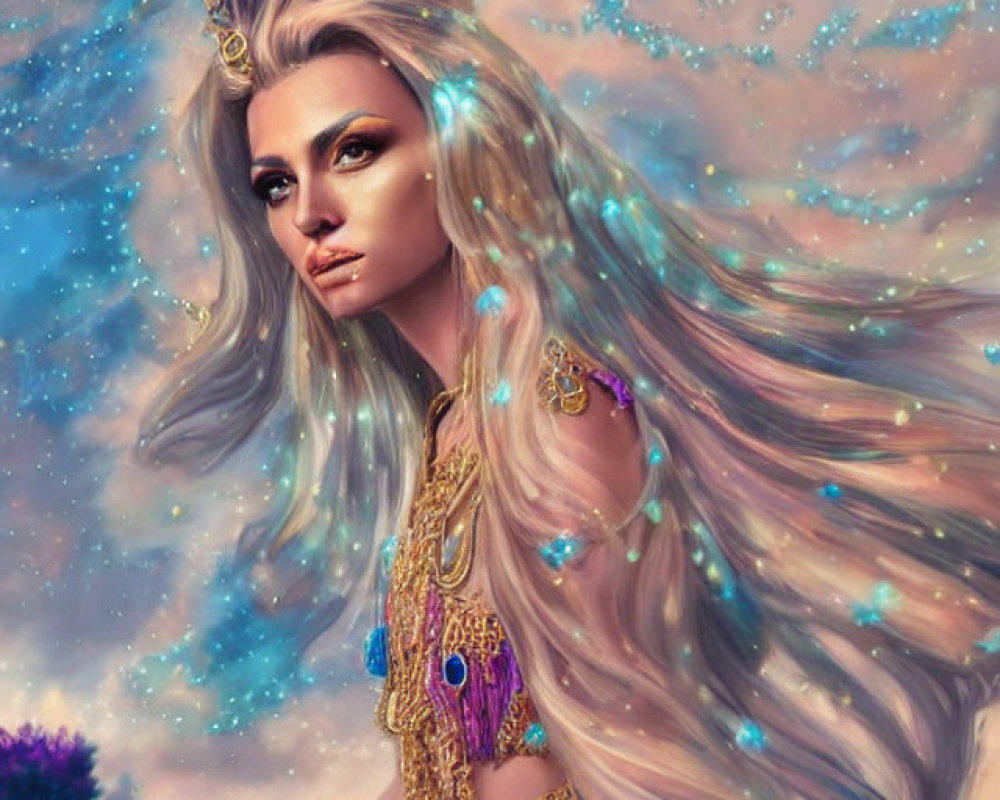Fantasy queen with blond hair in gold and blue attire on starry sky backdrop
