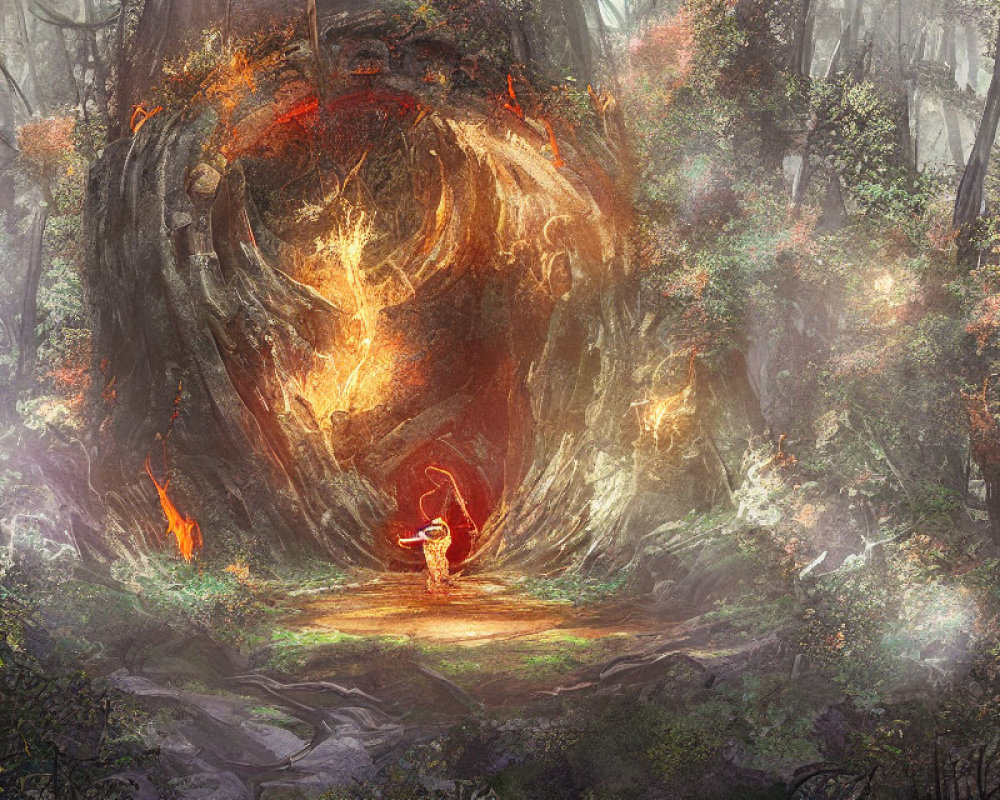 Mystical forest scene with figure and glowing tree in ethereal light