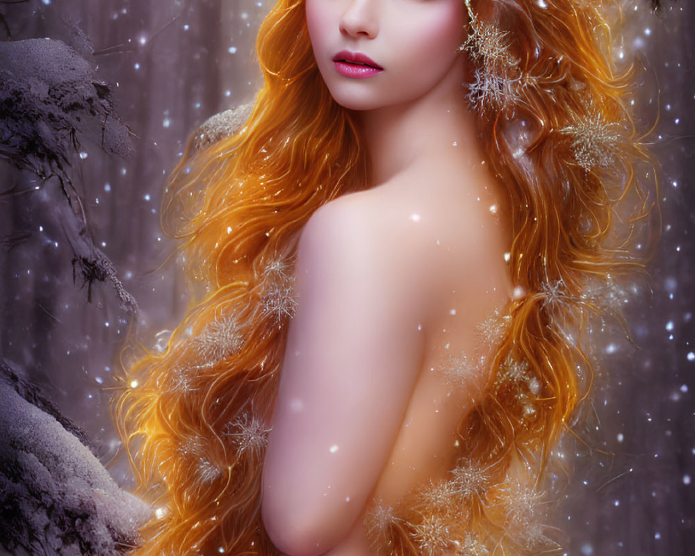 Mystical figure with long wavy hair and antlers in snowy forest