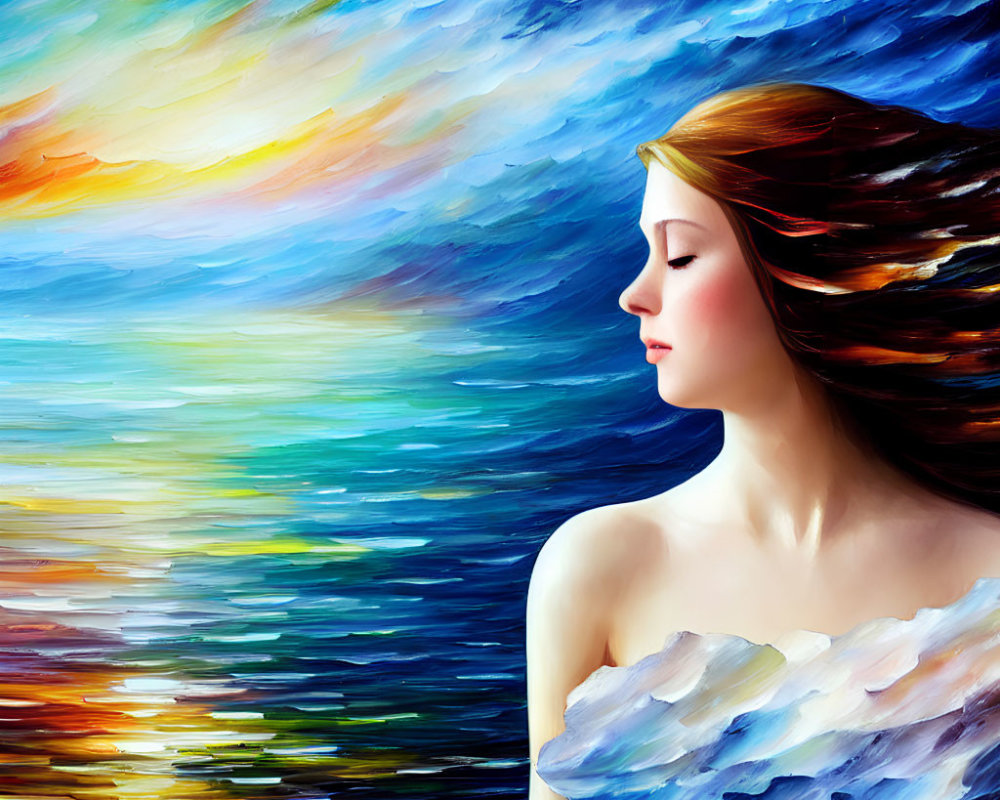 Vibrant painting of woman with flowing hair in abstract sunset hues