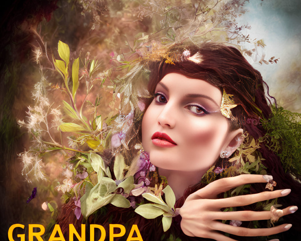 Digital artwork of woman's face blending with foliage background, overlaid with "GRANDPA