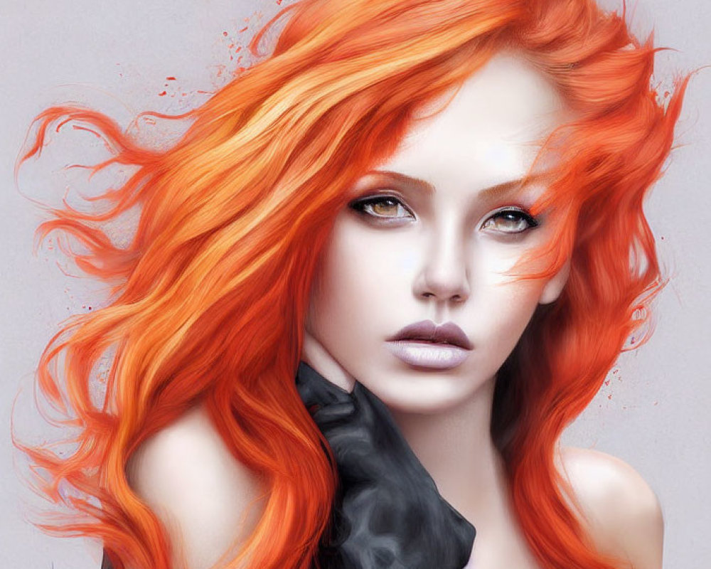 Illustration of person with fiery red hair and captivating eyes on soft grey backdrop.