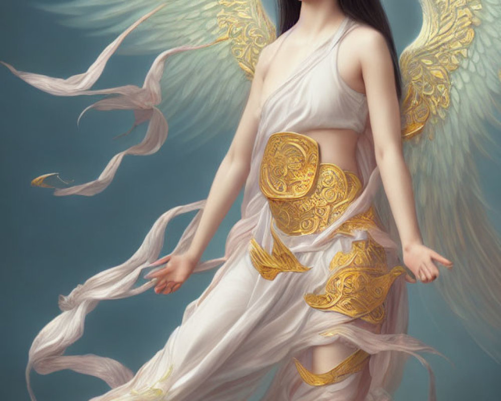 Angel with Wings in White and Gold Outfit on Blue Background