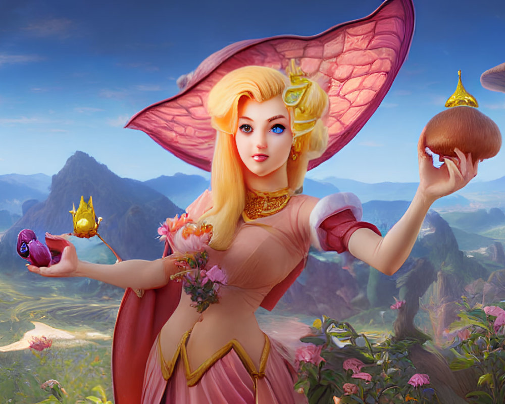 Pink-winged fairy with glowing fruit in fantasy landscape