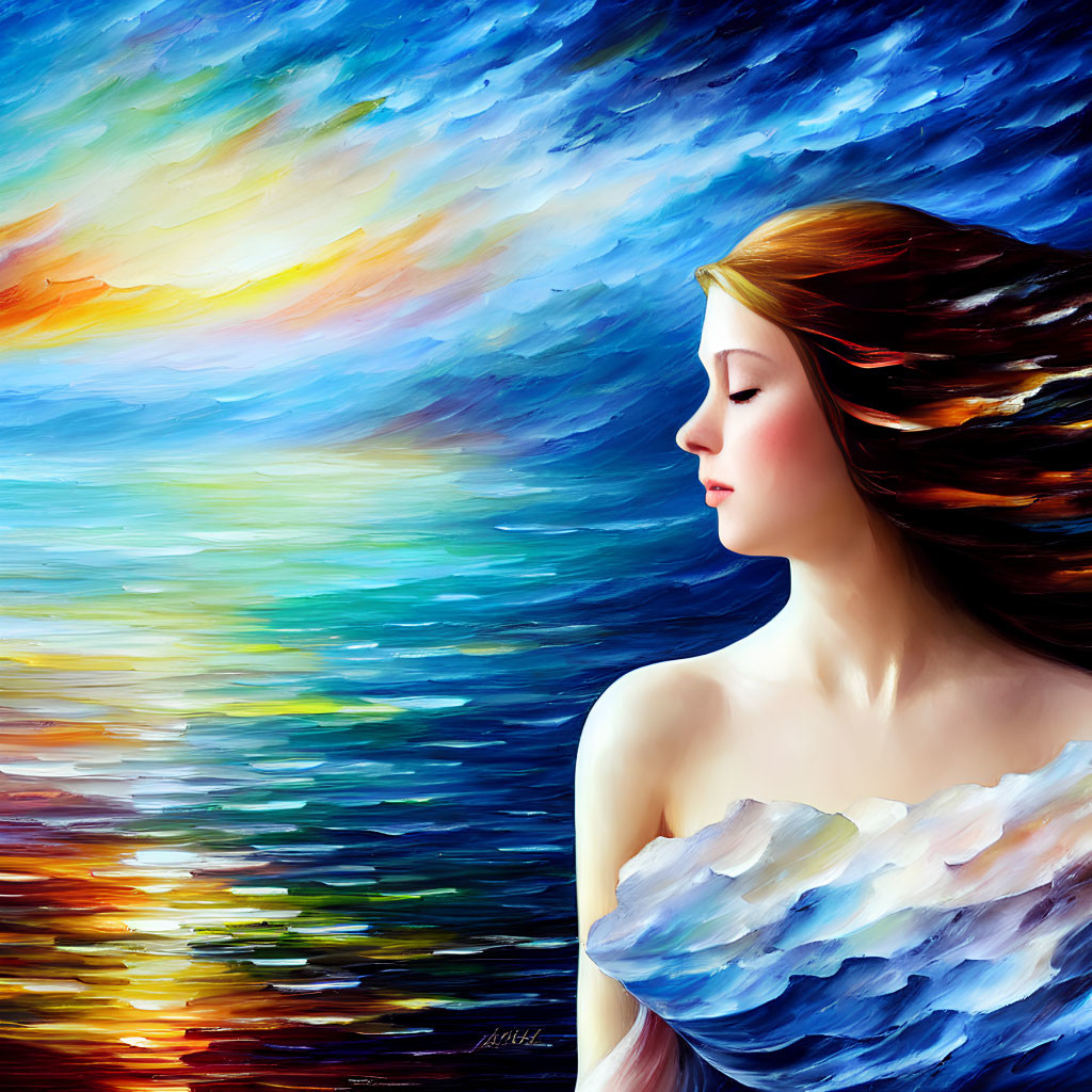 Vibrant painting of woman with flowing hair in abstract sunset hues