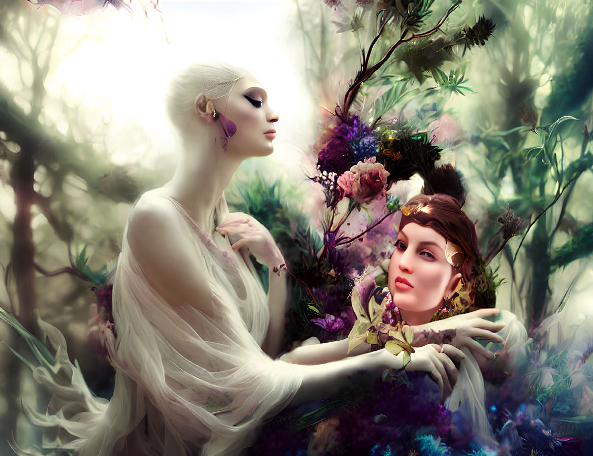 Ethereal women in lush flora setting with contrasting attire