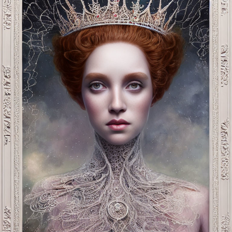 Woman with Red Hair in Ornate Crown & High-Collar Dress Portrait