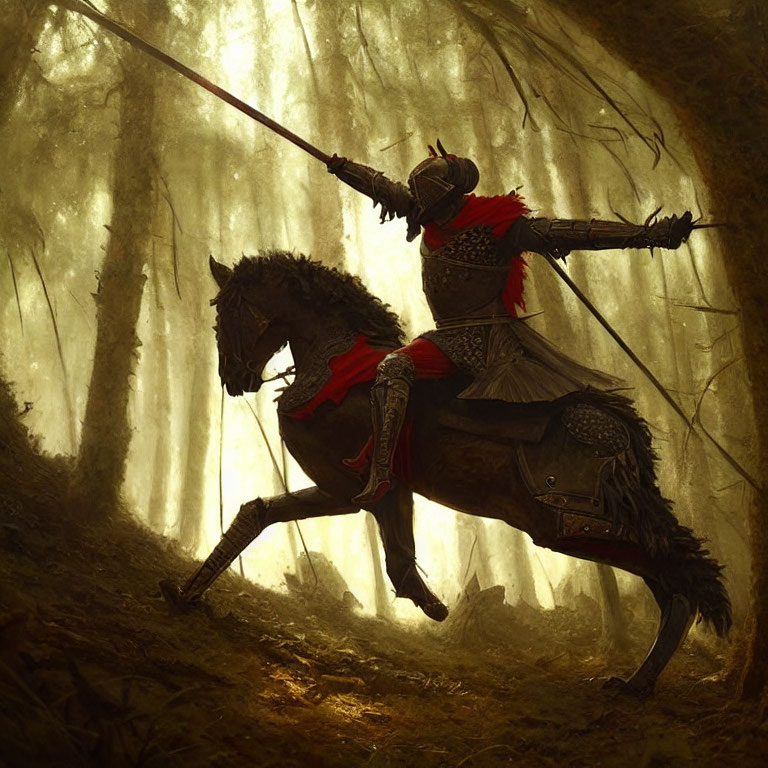 Knight in Armor on Rearing Horse with Lance in Sunlit Forest