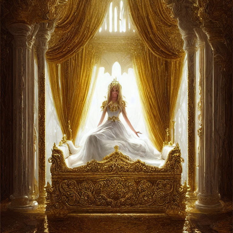 Regal figure on golden throne in luxurious setting